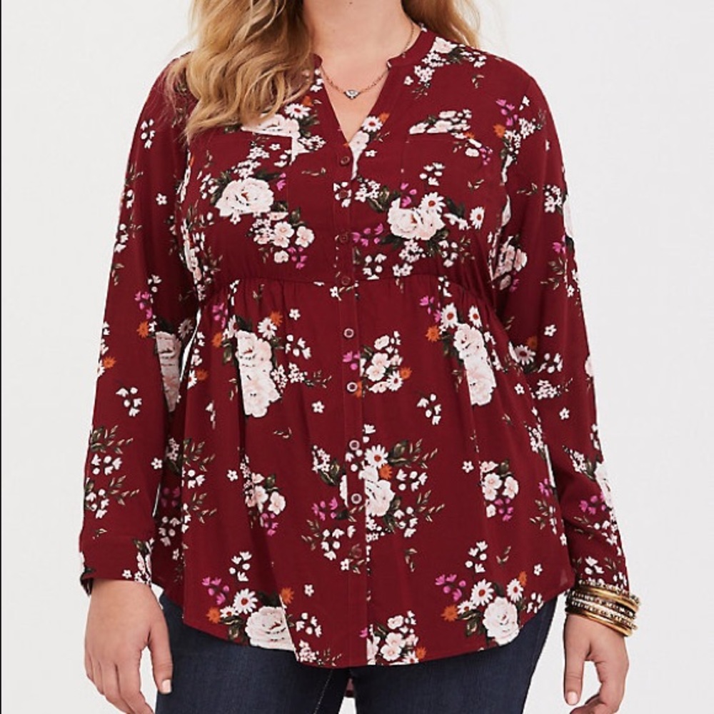 Torrid burgundy floral blouse